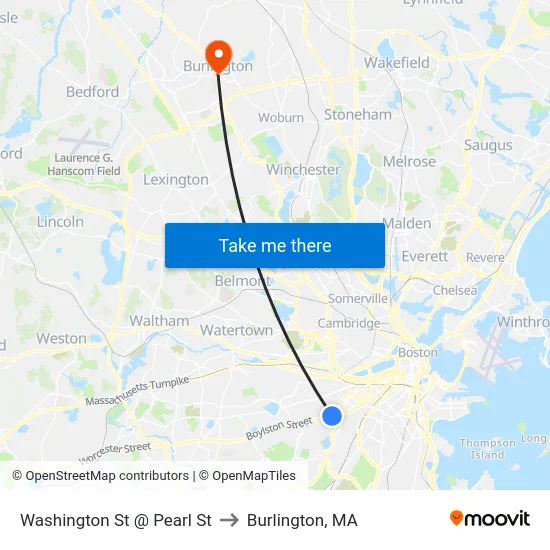 Washington St @ Pearl St to Burlington, MA map