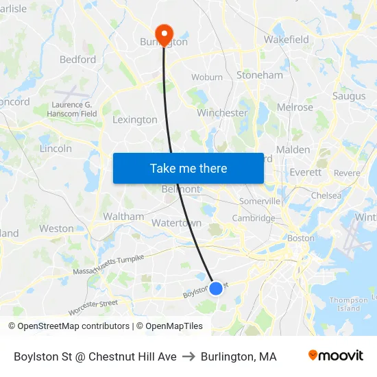 Boylston St @ Chestnut Hill Ave to Burlington, MA map
