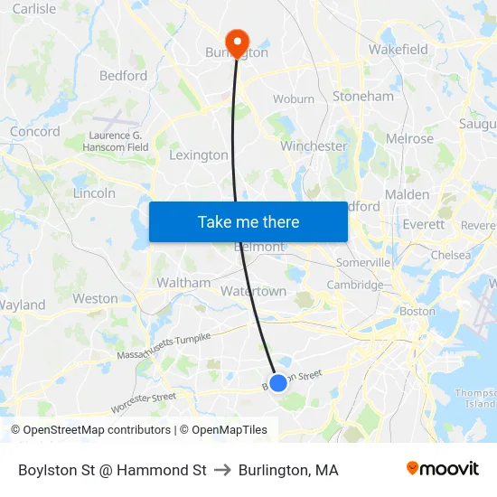 Boylston St @ Hammond St to Burlington, MA map