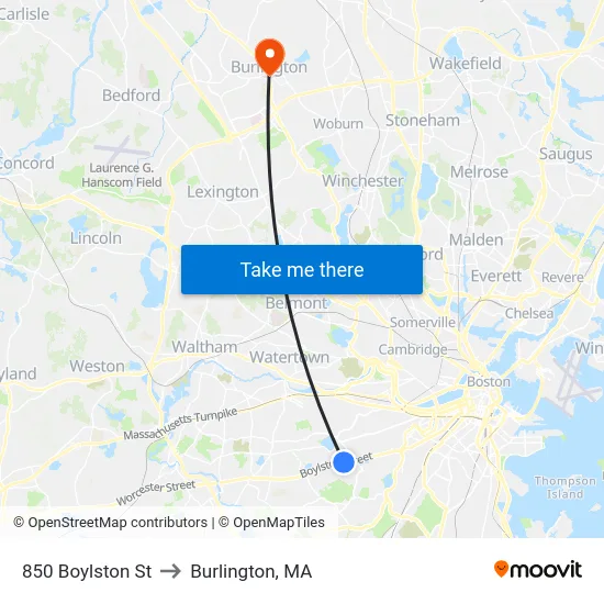 850 Boylston St to Burlington, MA map