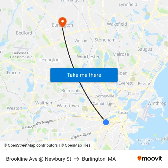 Brookline Ave @ Newbury St to Burlington, MA map