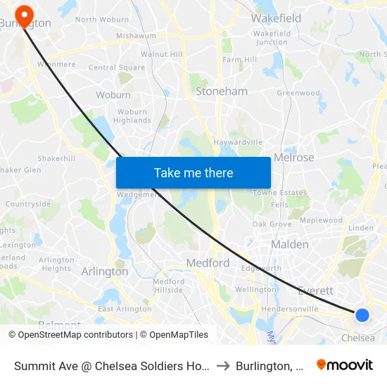 Summit Ave @ Chelsea Soldiers Home to Burlington, MA map