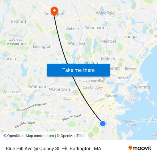 Blue Hill Ave @ Quincy St to Burlington, MA map