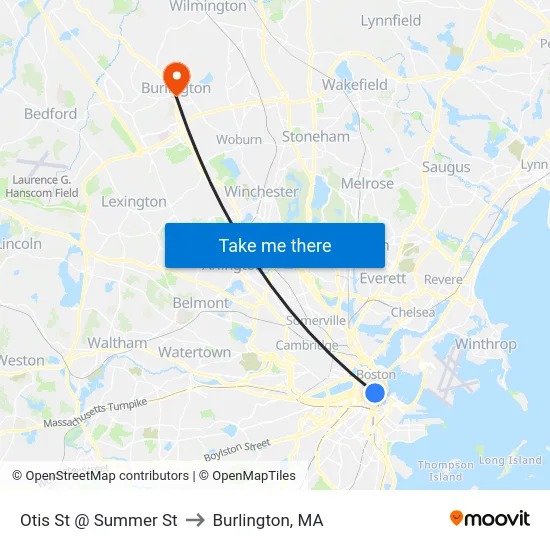 Otis St @ Summer St to Burlington, MA map