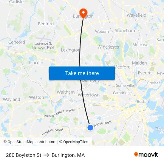280 Boylston St to Burlington, MA map