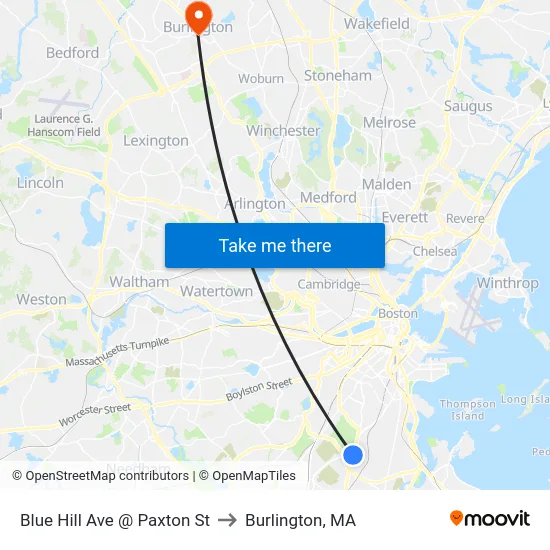 Blue Hill Ave @ Paxton St to Burlington, MA map