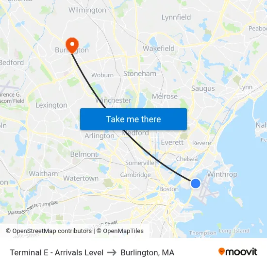 Terminal E - Arrivals Level to Burlington, MA map