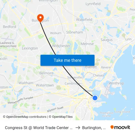Congress St @ World Trade Center Sta to Burlington, MA map
