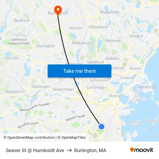 Seaver St @ Humboldt Ave to Burlington, MA map