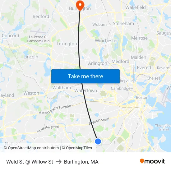 Weld St @ Willow St to Burlington, MA map