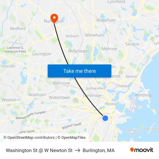 Washington St @ W Newton St to Burlington, MA map
