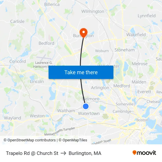 Trapelo Rd @ Church St to Burlington, MA map