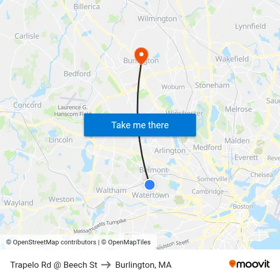 Trapelo Rd @ Beech St to Burlington, MA map
