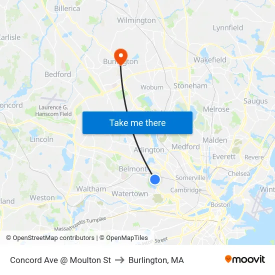 Concord Ave @ Moulton St to Burlington, MA map