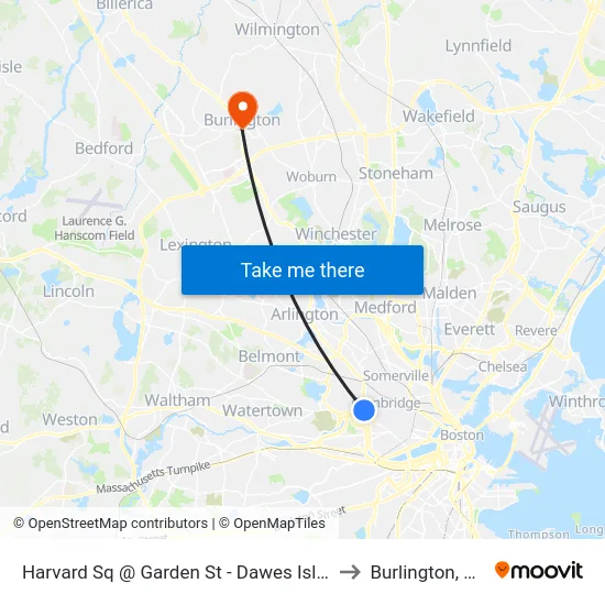 Harvard Sq @ Garden St - Dawes Island to Burlington, MA map