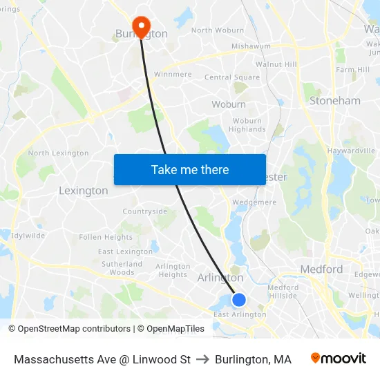 Massachusetts Ave @ Linwood St to Burlington, MA map