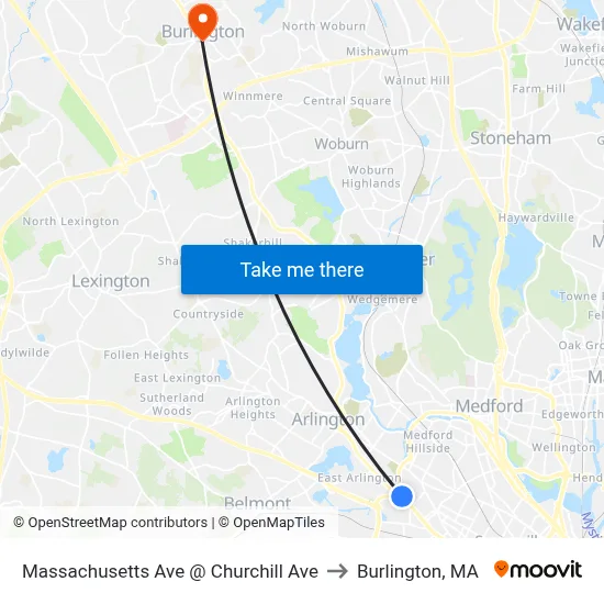 Massachusetts Ave @ Churchill Ave to Burlington, MA map