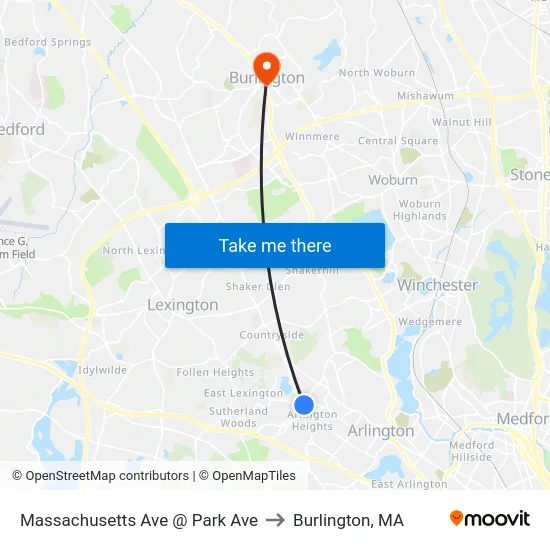 Massachusetts Ave @ Park Ave to Burlington, MA map