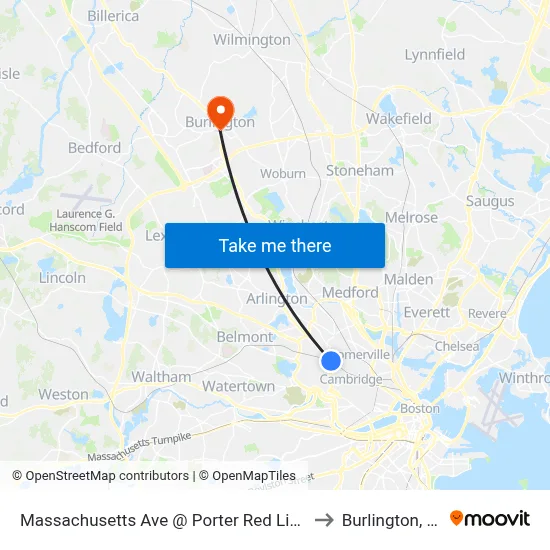 Massachusetts Ave @ Porter Red Line Sta to Burlington, MA map
