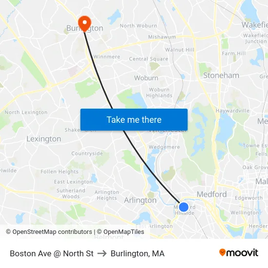 Boston Ave @ North St to Burlington, MA map