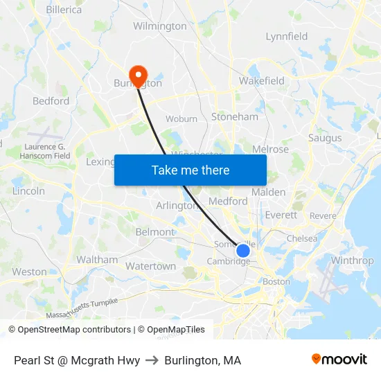 Pearl St @ Mcgrath Hwy to Burlington, MA map