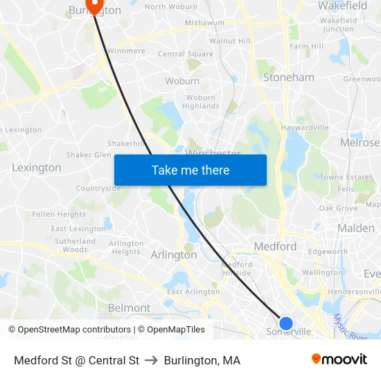 Medford St @ Central St to Burlington, MA map