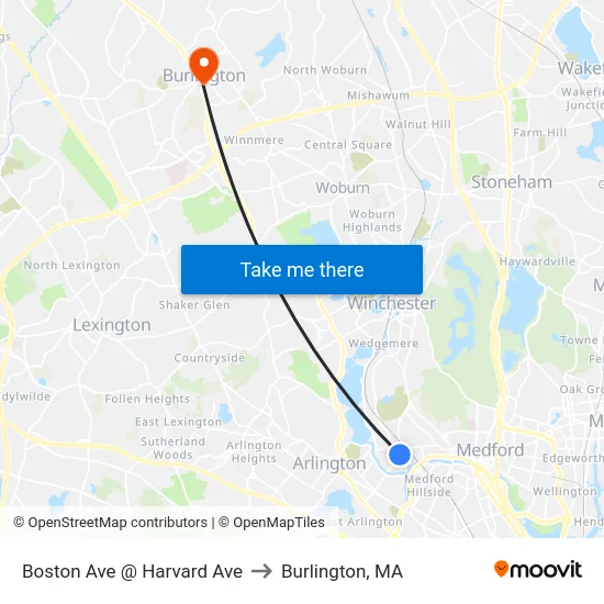 Boston Ave @ Harvard Ave to Burlington, MA map