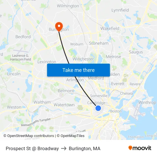 Prospect St @ Broadway to Burlington, MA map
