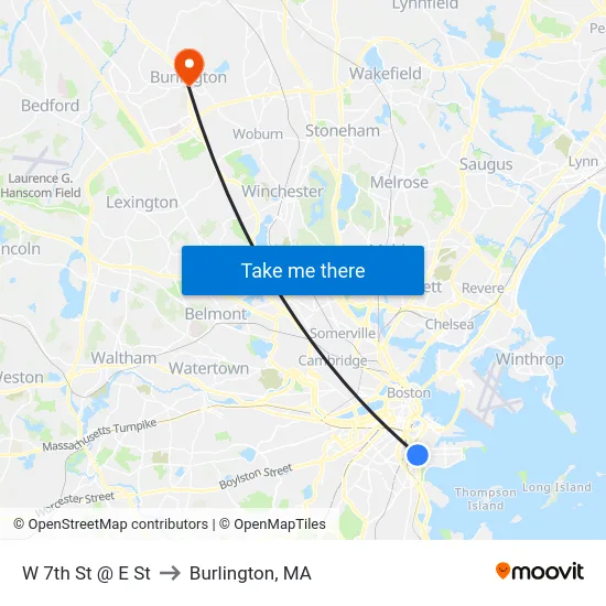 W 7th St @ E St to Burlington, MA map