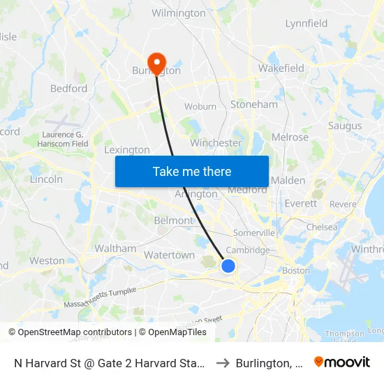 N Harvard St @ Gate 2 Harvard Stadium to Burlington, MA map