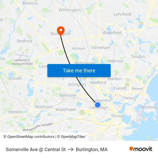 Somerville Ave @ Central St to Burlington, MA map