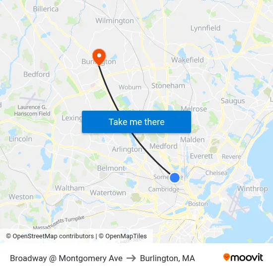 Broadway @ Montgomery Ave to Burlington, MA map