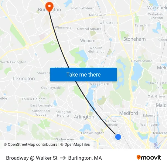 Broadway @ Walker St to Burlington, MA map