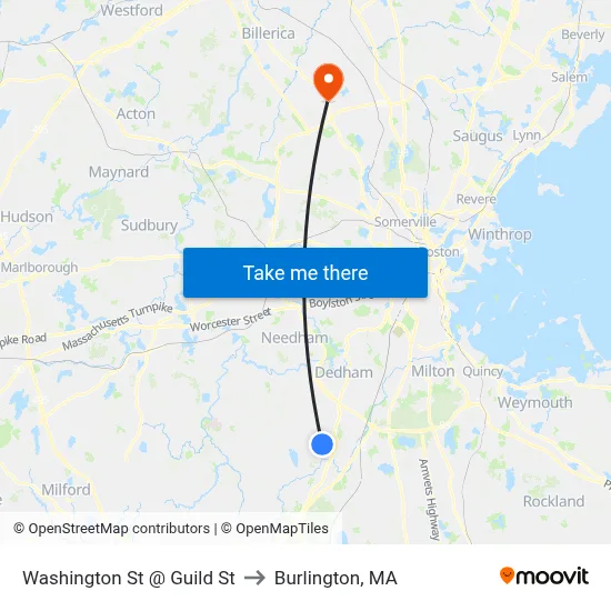 Washington St @ Guild St to Burlington, MA map