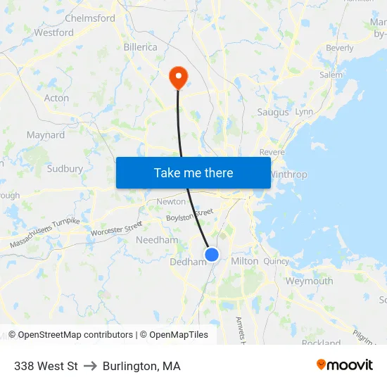 338 West St to Burlington, MA map