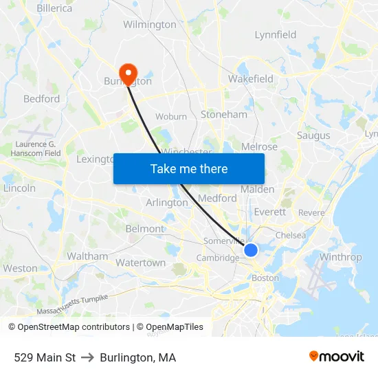 529 Main St to Burlington, MA map