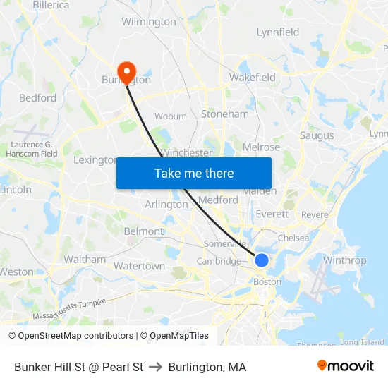Bunker Hill St @ Pearl St to Burlington, MA map