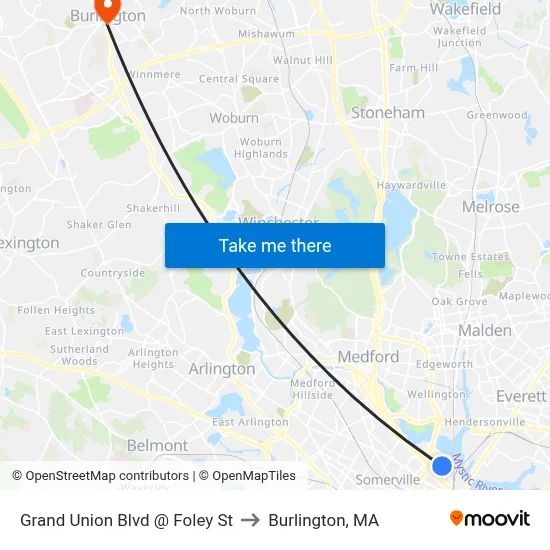 Grand Union Blvd @ Foley St to Burlington, MA map