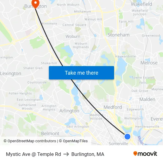 Mystic Ave @ Temple Rd to Burlington, MA map