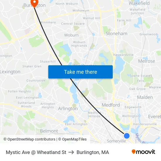 Mystic Ave @ Wheatland St to Burlington, MA map