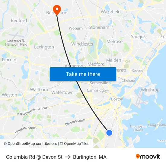 Columbia Rd @ Devon St to Burlington, MA map