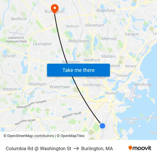 Columbia Rd @ Washington St to Burlington, MA map