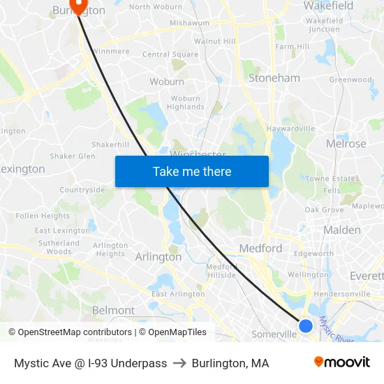 Mystic Ave @ I-93 Underpass to Burlington, MA map