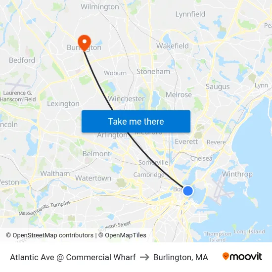Atlantic Ave @ Commercial Wharf to Burlington, MA map