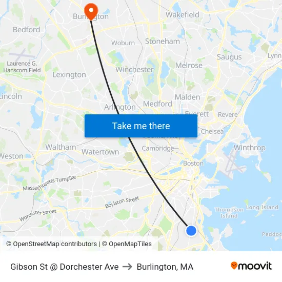 Gibson St @ Dorchester Ave to Burlington, MA map