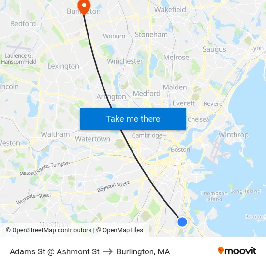 Adams St @ Ashmont St to Burlington, MA map