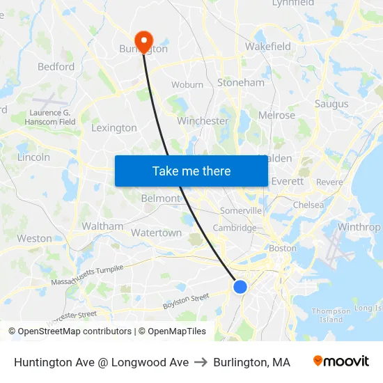 Huntington Ave @ Longwood Ave to Burlington, MA map