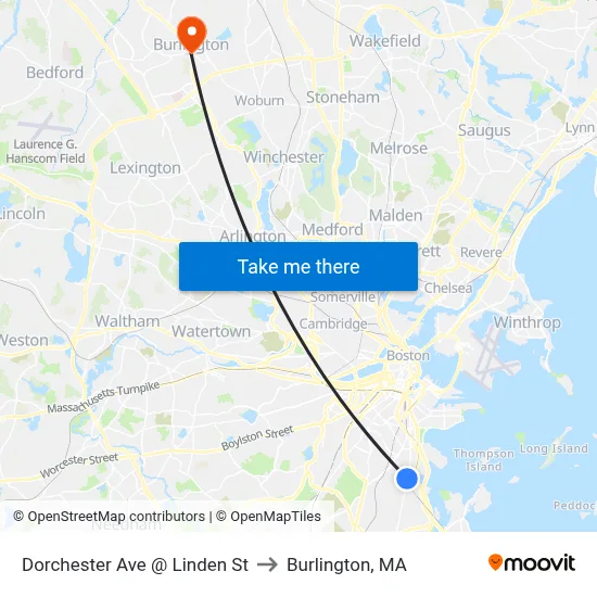 Dorchester Ave @ Linden St to Burlington, MA map