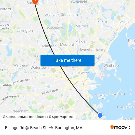Billings Rd @ Beach St to Burlington, MA map