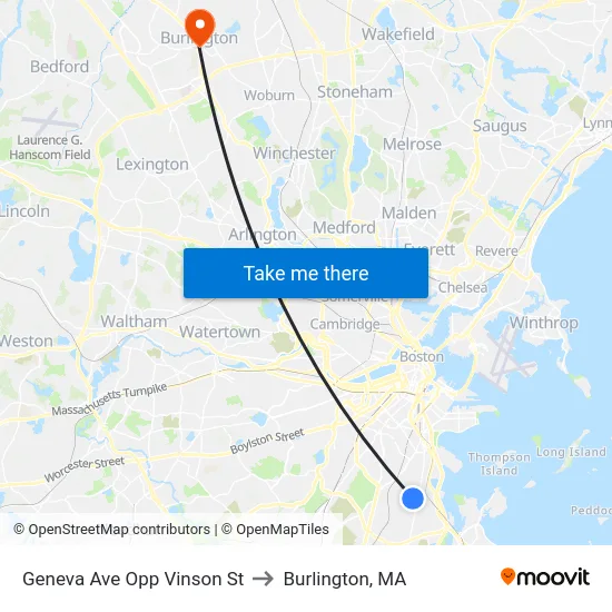 Geneva Ave Opp Vinson St to Burlington, MA map